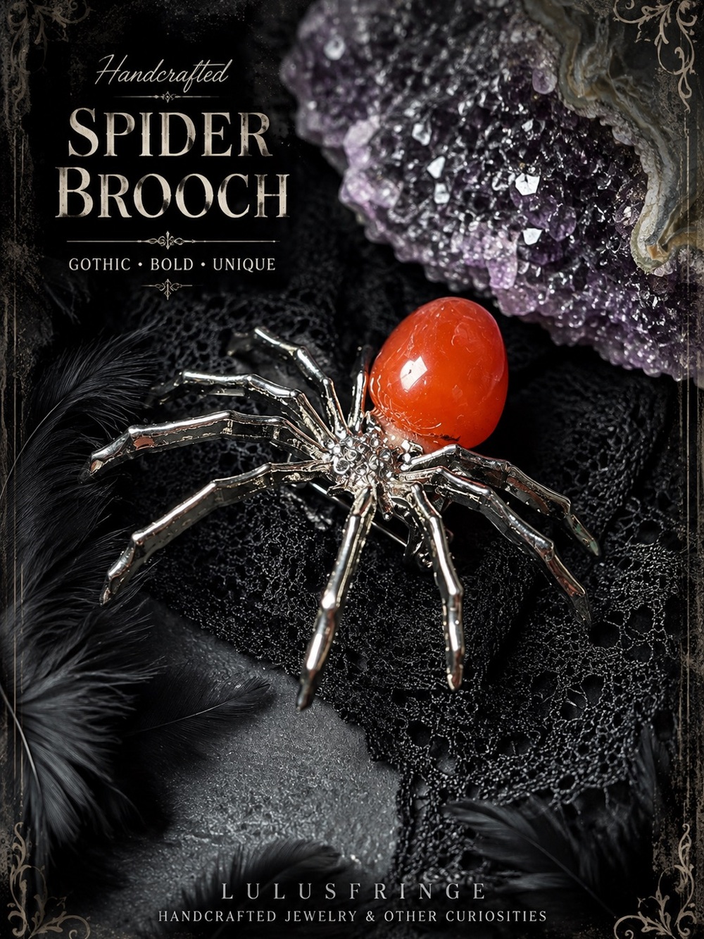 Carnelian Spider Brooch or Halloween Pin with Silver Metal Legs
